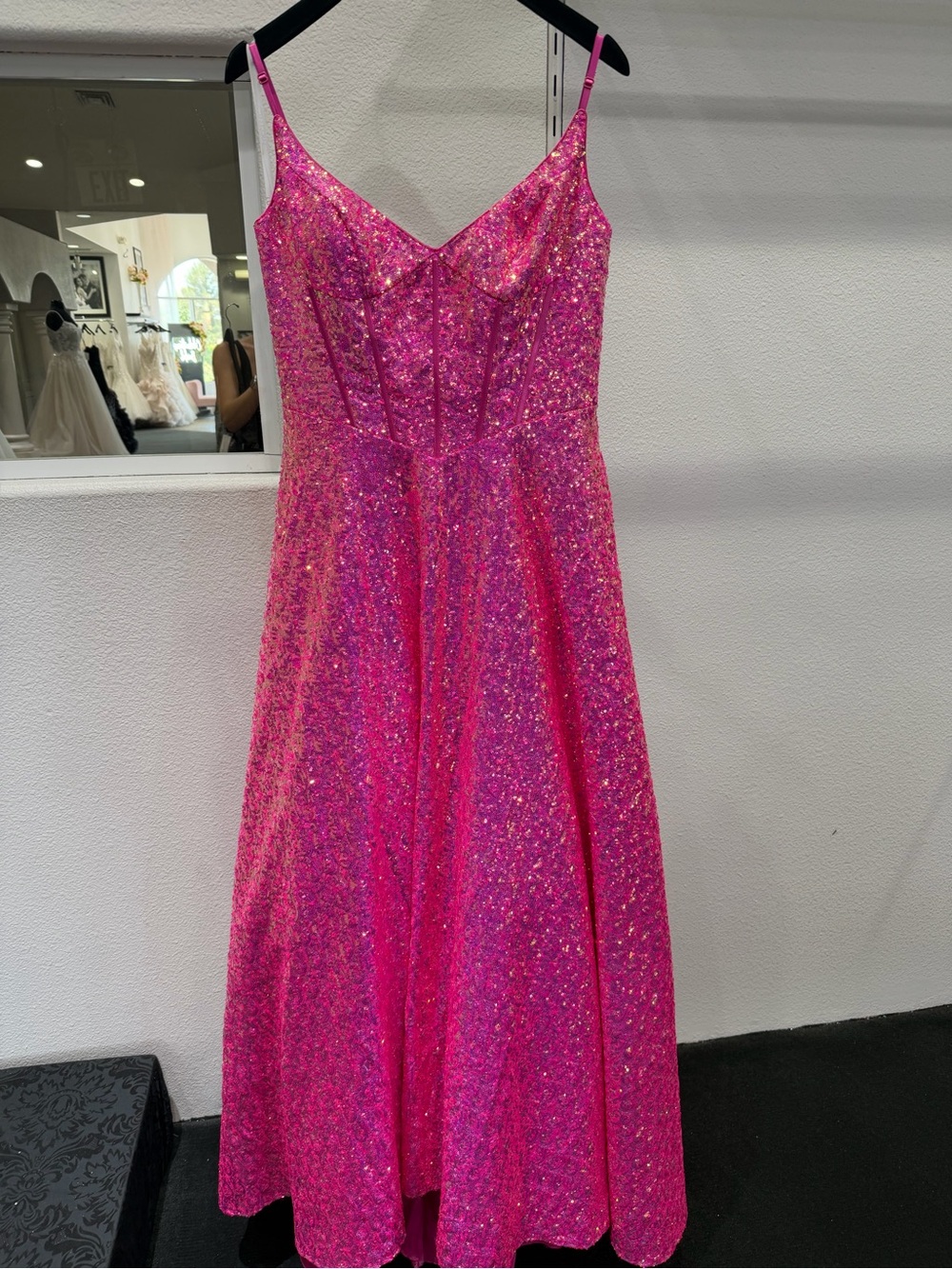 Sparkling Full Sequin Hot Pink Prom Dress with Spaghetti Straps